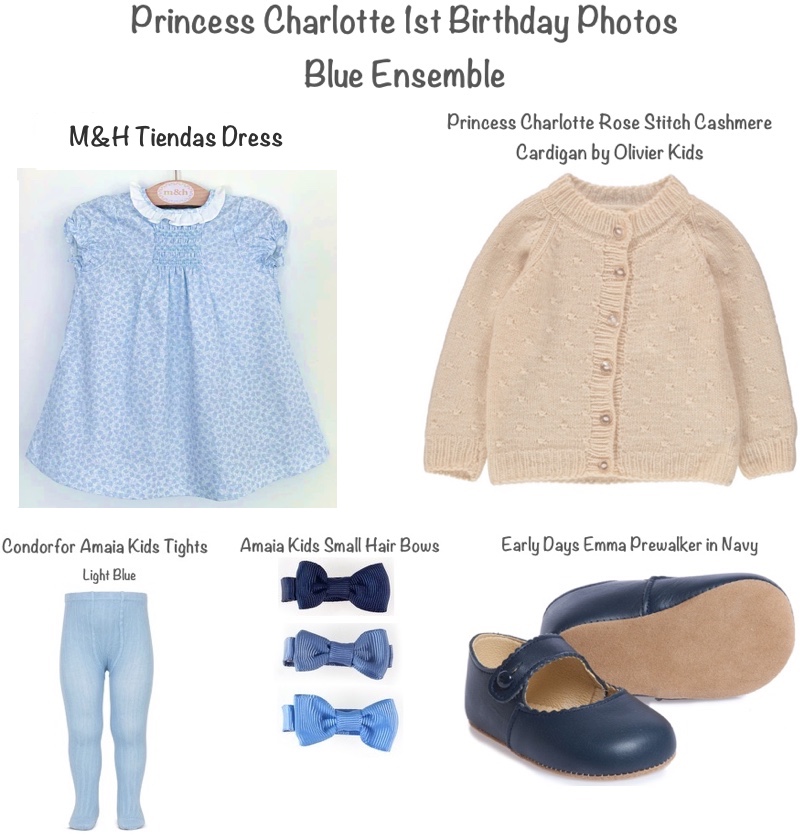 Princess Charlotte First 1st Birthday Photos Blue Ebsemble Graphic M and H Dress Early Days Emma Condor Amaia Dusky Pink Tights Olivier Baby Cardigan Small Hair Bows UPDATED with Dress May 1 2016